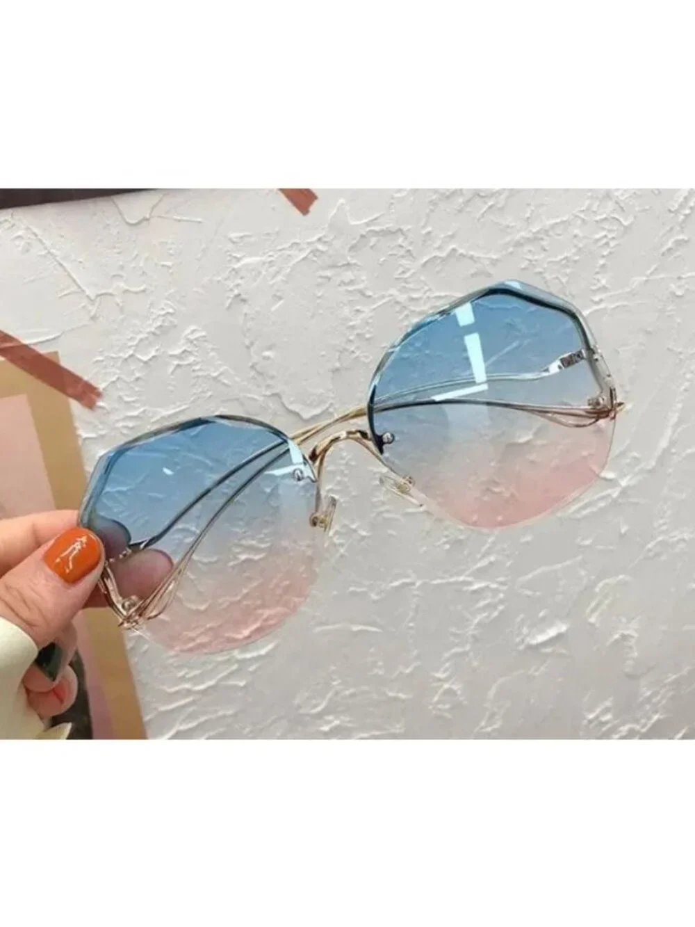 Blue & Pink Gradient Oversized Octagonal Sunglasses With Gold Frame